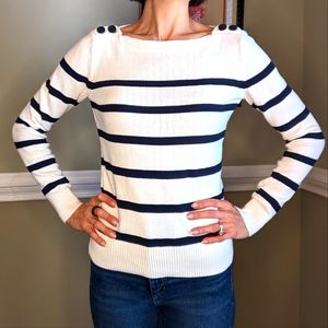 LOFT | White & Navy Striped Button Shoulder Sweater
